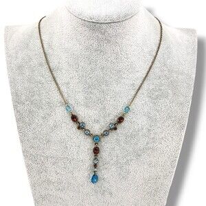 Vintage Nina Ricci Brass Gold Tone Y Drop Blue Orange Y Drop Necklace